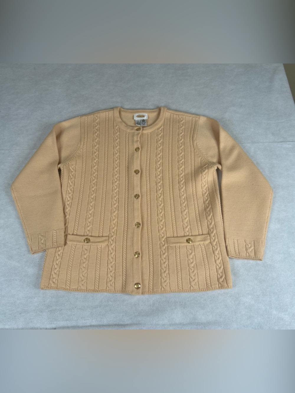 Talbots Cardigan Womens M Yellow Cable Knit Wool Gold Button Up Accents Sweater